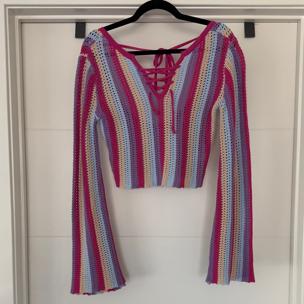 Vici Crochet Stripe Lace-Up Long Sleeve Crop Top - Pink, Blue, Cream, Purple